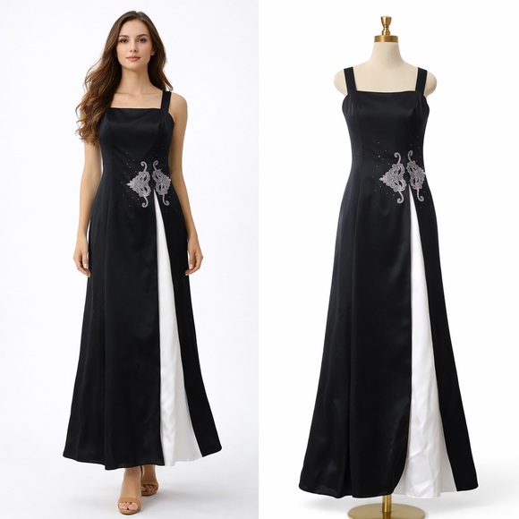 Onyx Nite Black & White Evening Gown – Size 16W Formal Beaded Dress